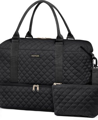 Travel Duffel Bag - Weekender Bags for Women, Carry On Overnight Bag with Shoe Compartment, with Toiletry Bag for Travel Essentials and Travel Accessories, Black, 13.4"×17.3"×7.9"